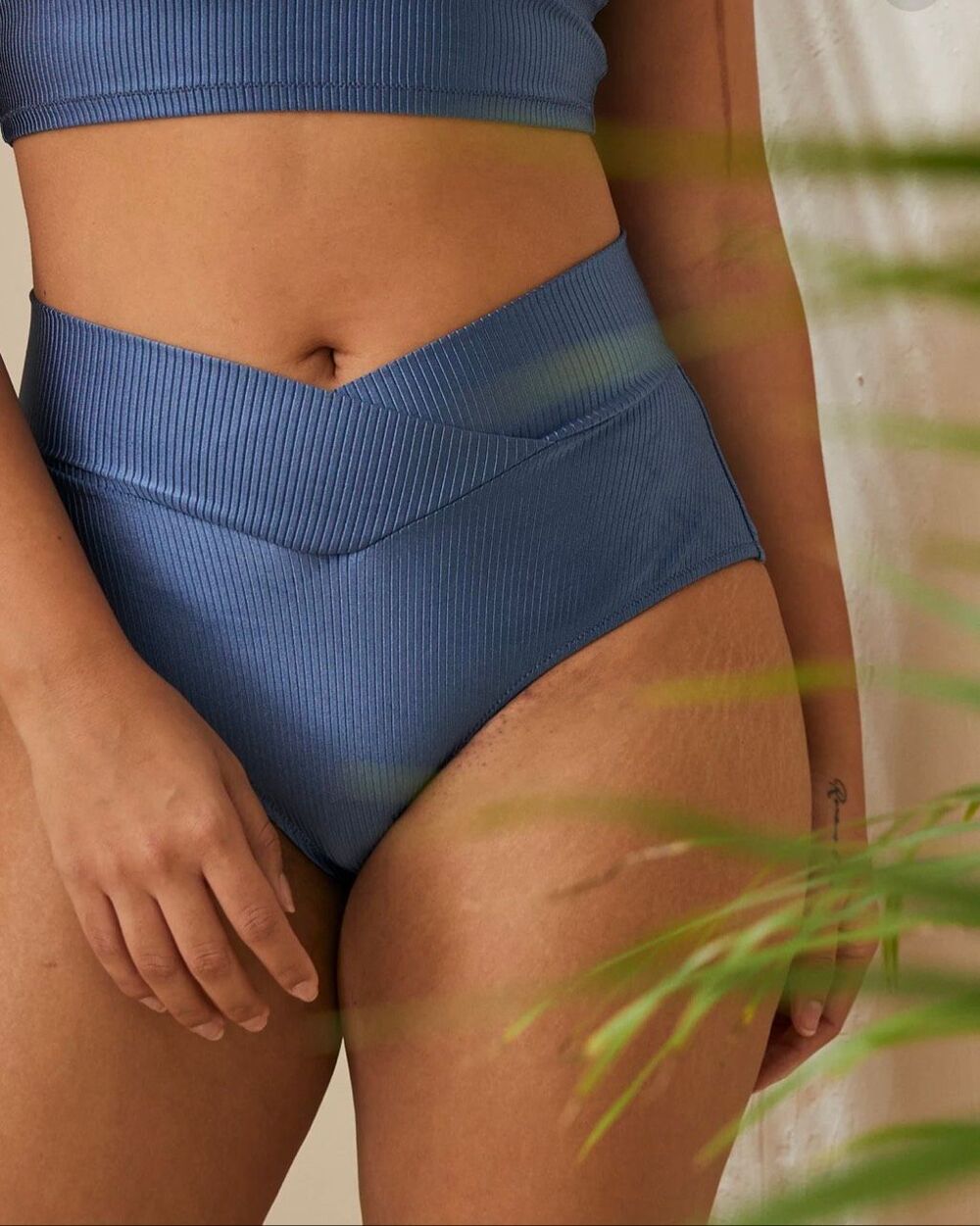 Aerie Shine Rib Crossover High Waisted Bikini Bottom Marbled Blue XL Swimwear